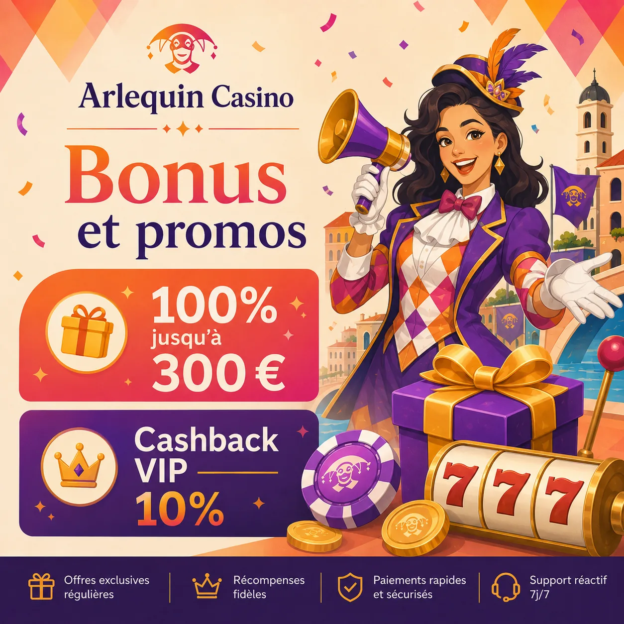 Bonus et promotions Arlequin Casino avec cashback VIP et offre 300 euros