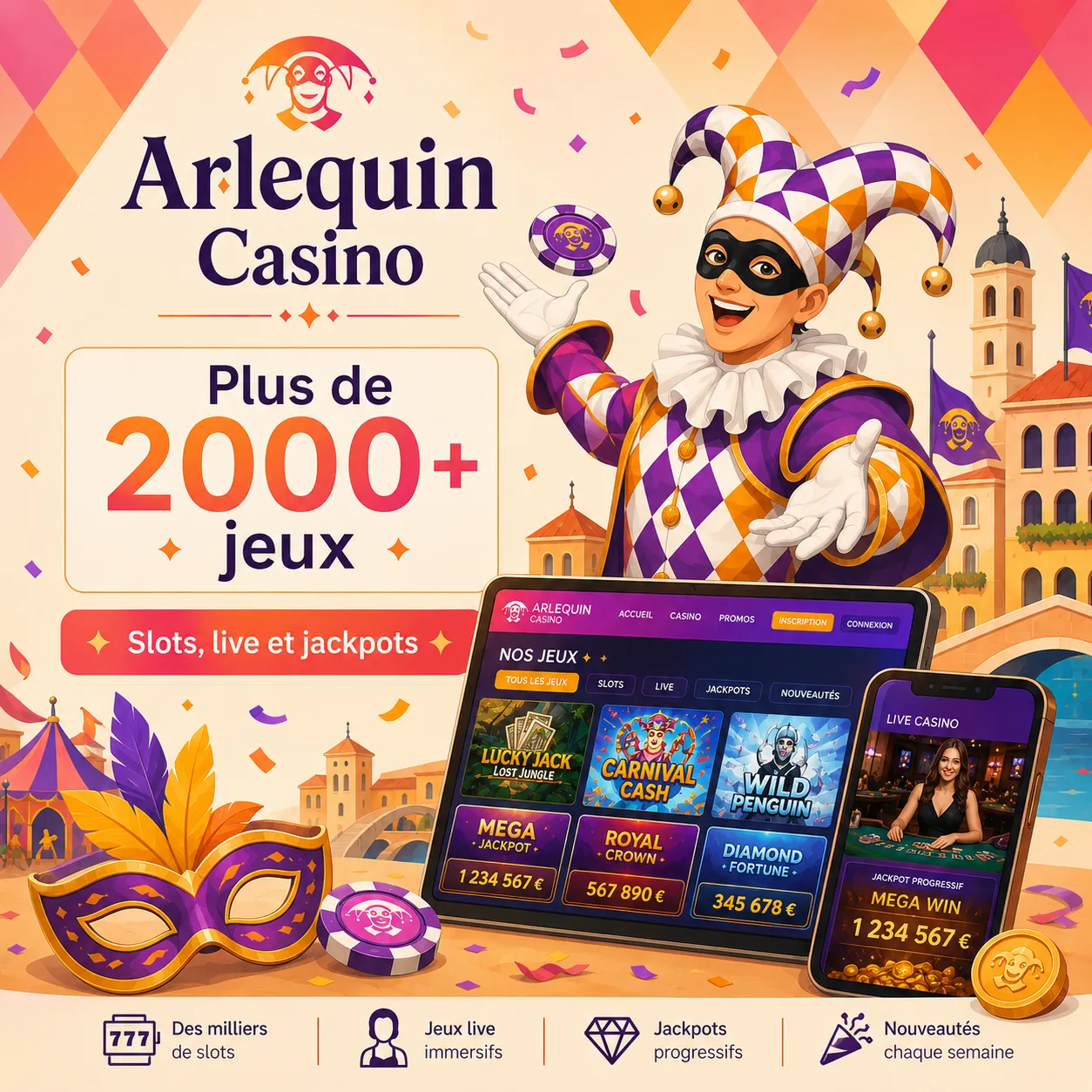 Arlequin Casino lobby avec slots, live casino et jackpots