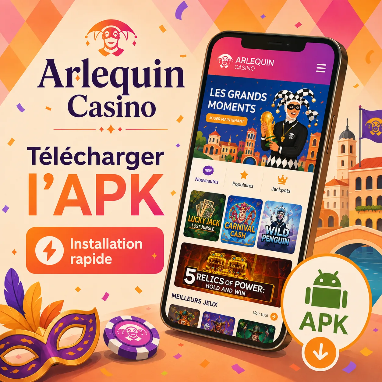 Téléchargement APK Arlequin Casino et accès mobile aux jeux