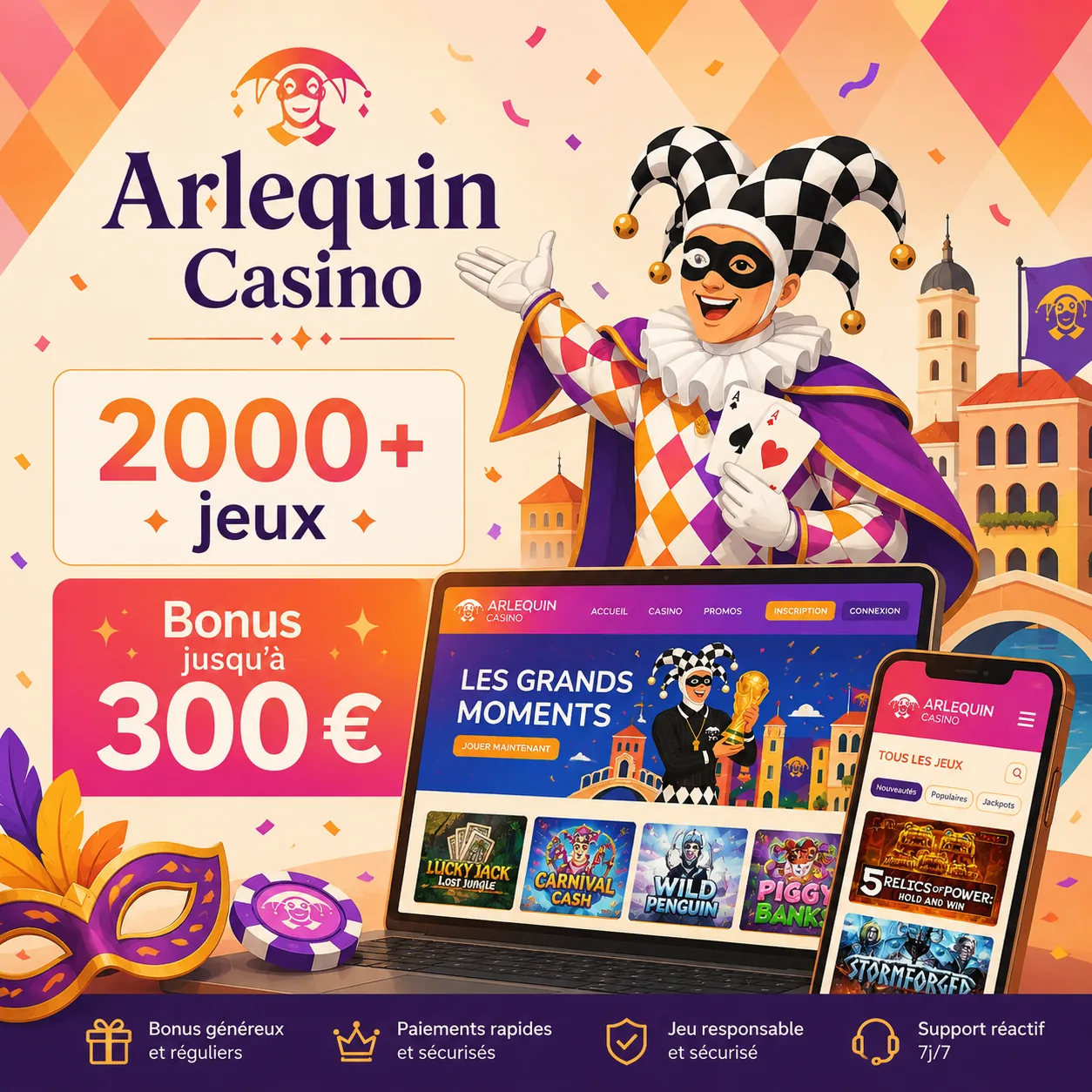 Arlequin Casino avec 2000 jeux, bonus et accès ordinateur mobile
