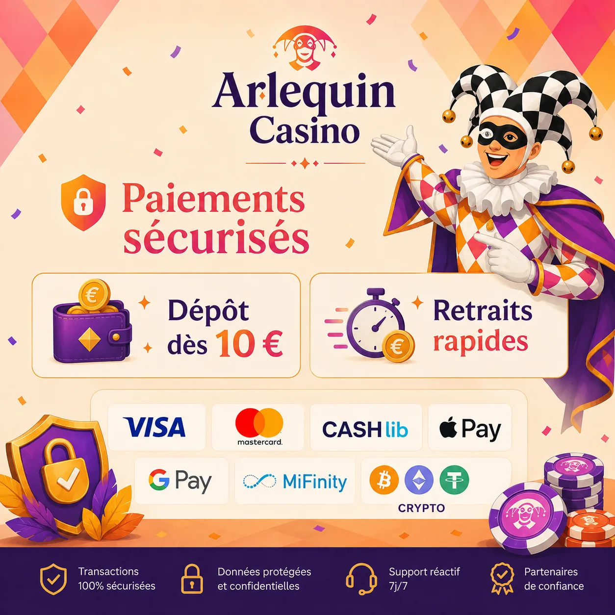 Paiements sécurisés Arlequin Casino avec dépôt 10 euros, retraits rapides et méthodes Visa crypto