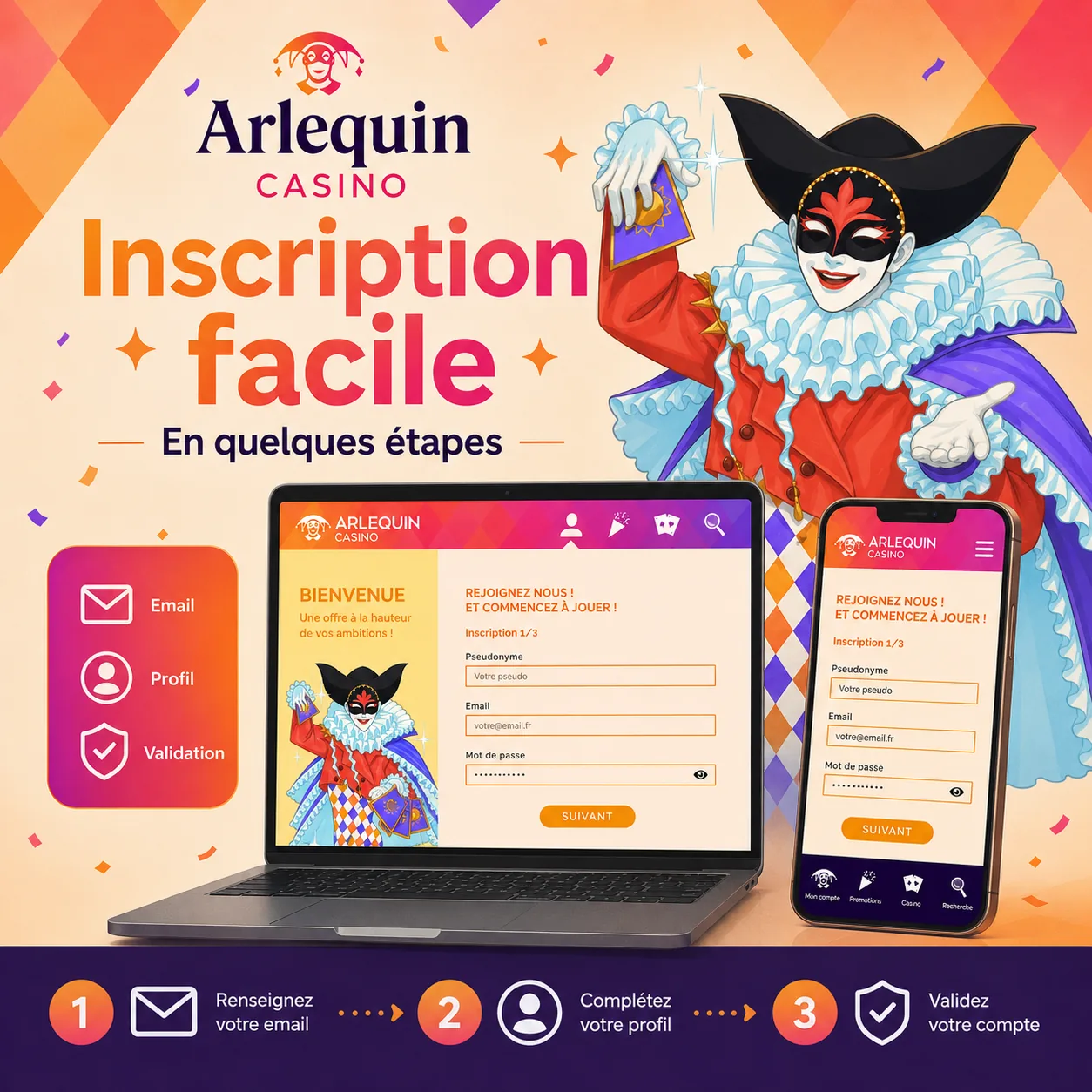 Inscription Arlequin Casino en trois étapes avec email, profil et validation