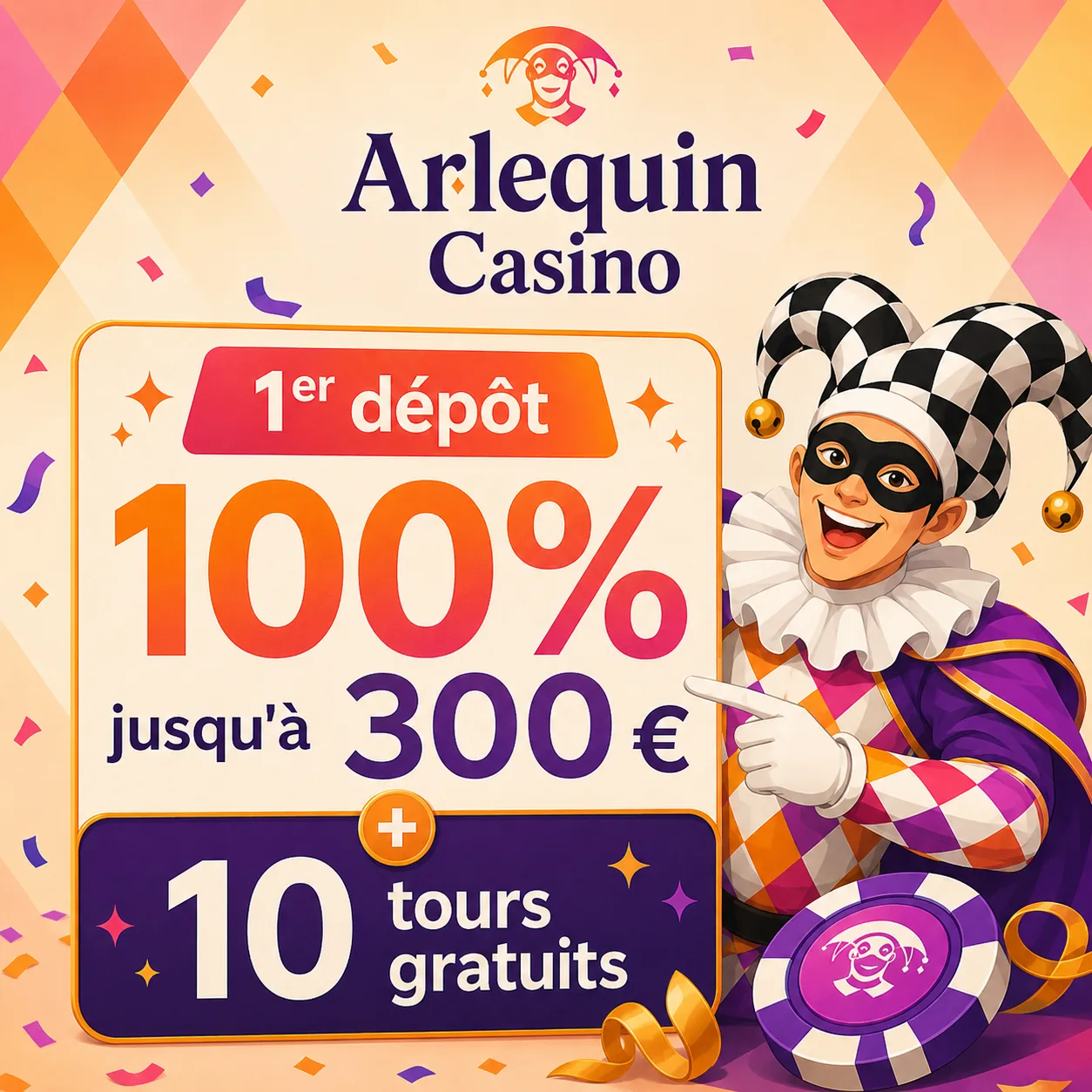 Premier dépôt Arlequin Casino 100% jusqu’à 300 euros et 10 tours gratuits