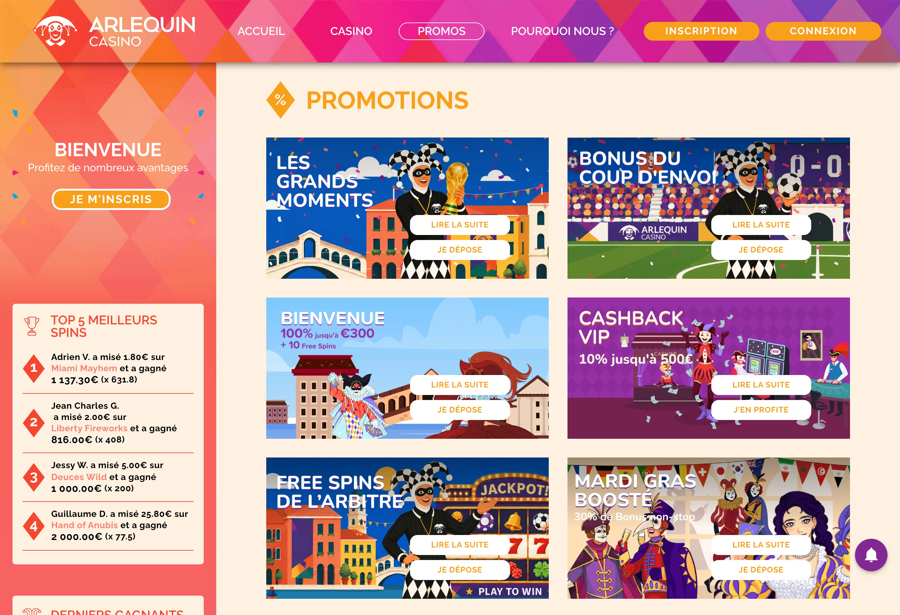 Écran bonus Arlequin Casino avec offres de bienvenue et free spins