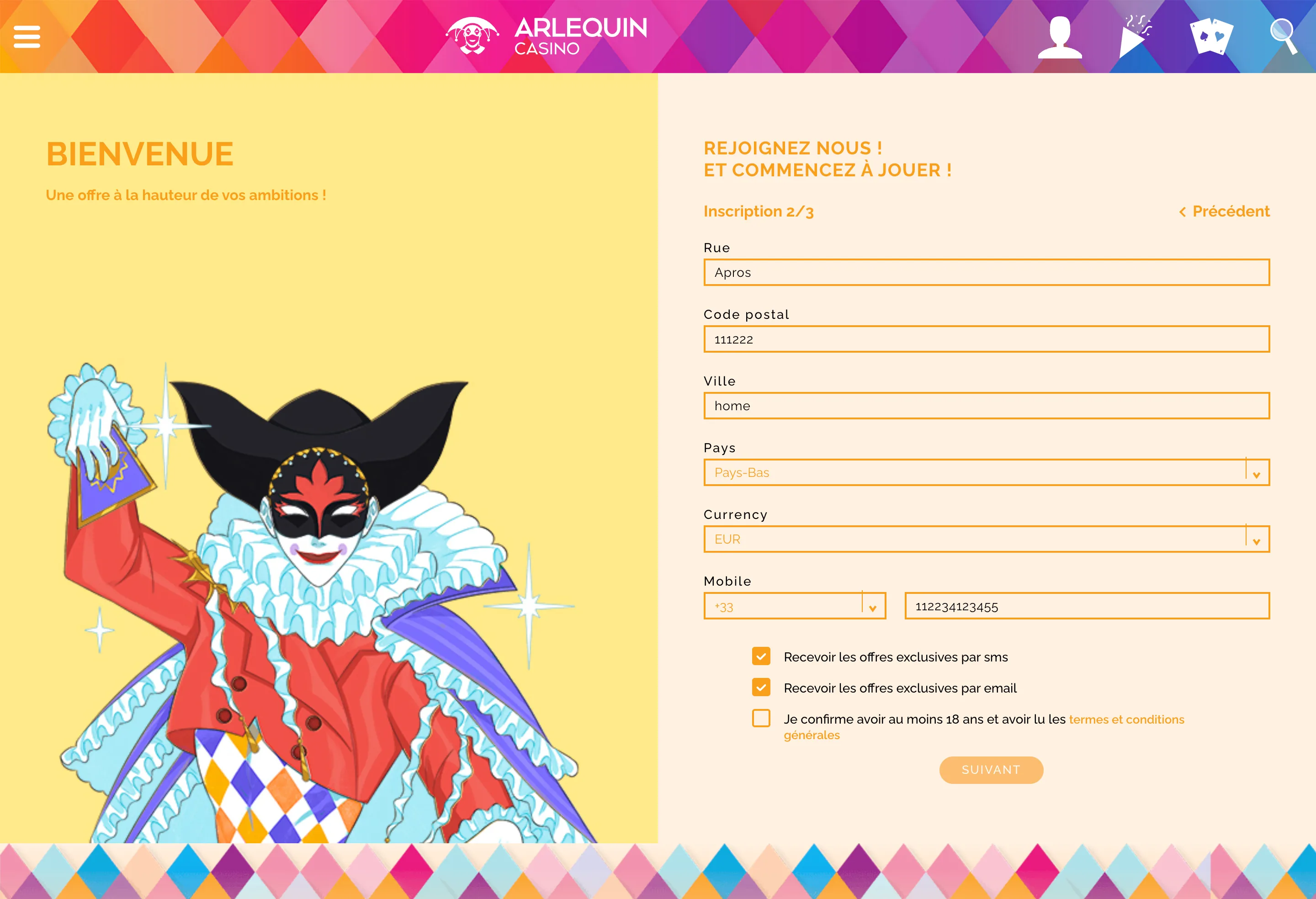 Compte Arlequin Casino après inscription avec profil et contrôle de sécurité