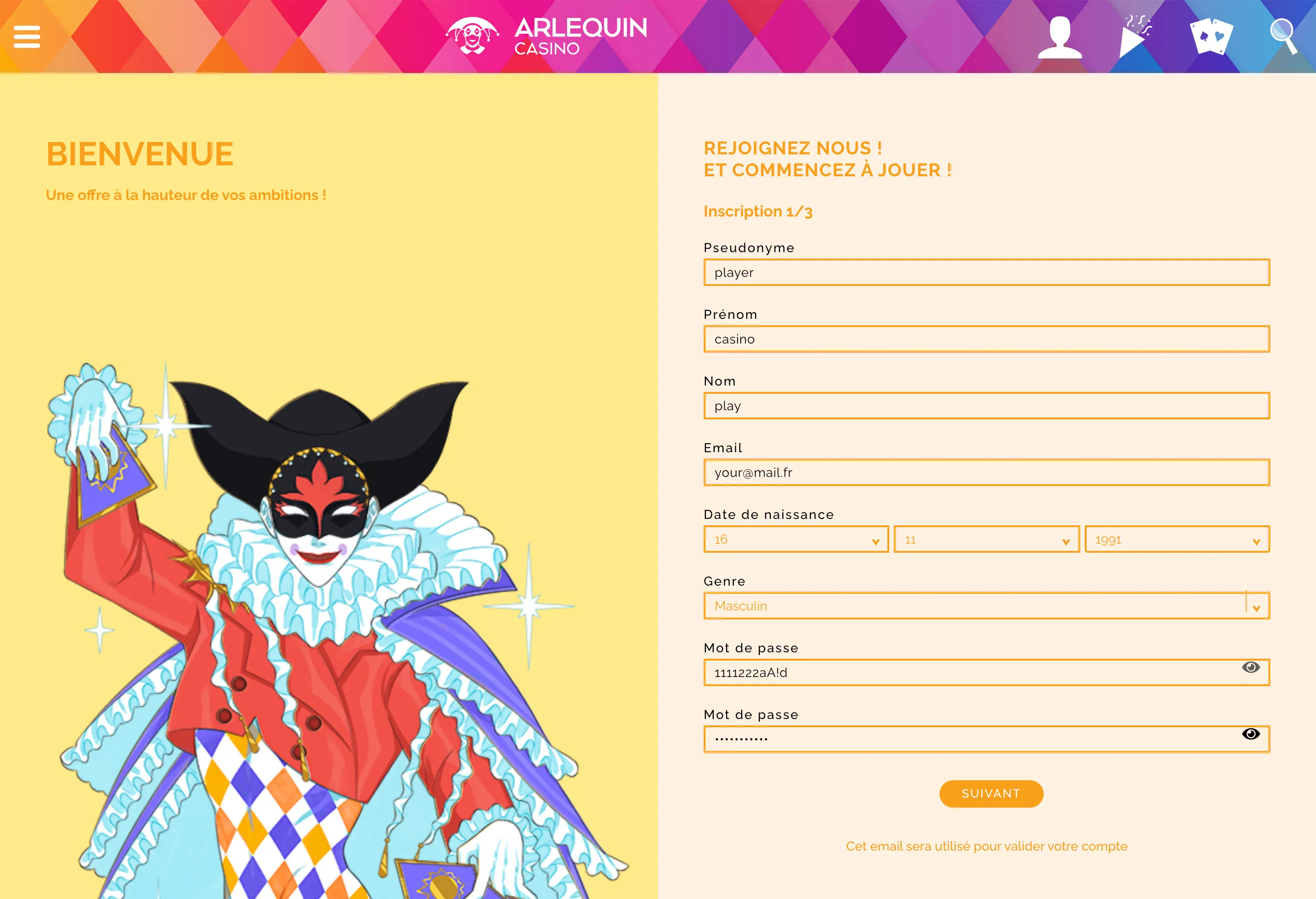 Formulaire d'inscription Arlequin Casino avec création de compte joueur