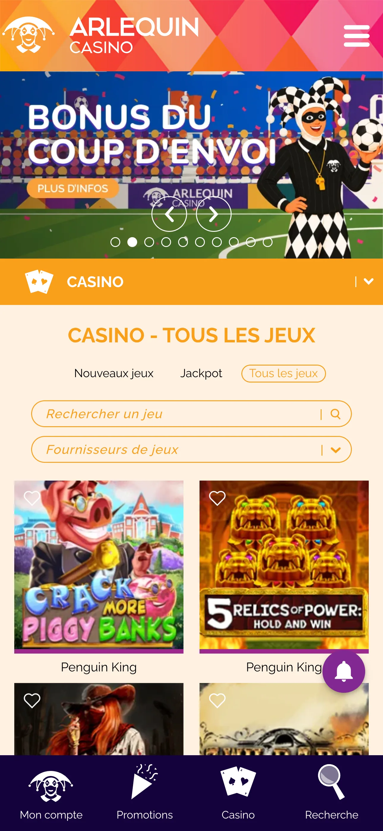 Jeux mobiles Arlequin Casino avec lobby et machines à sous sur téléphone
