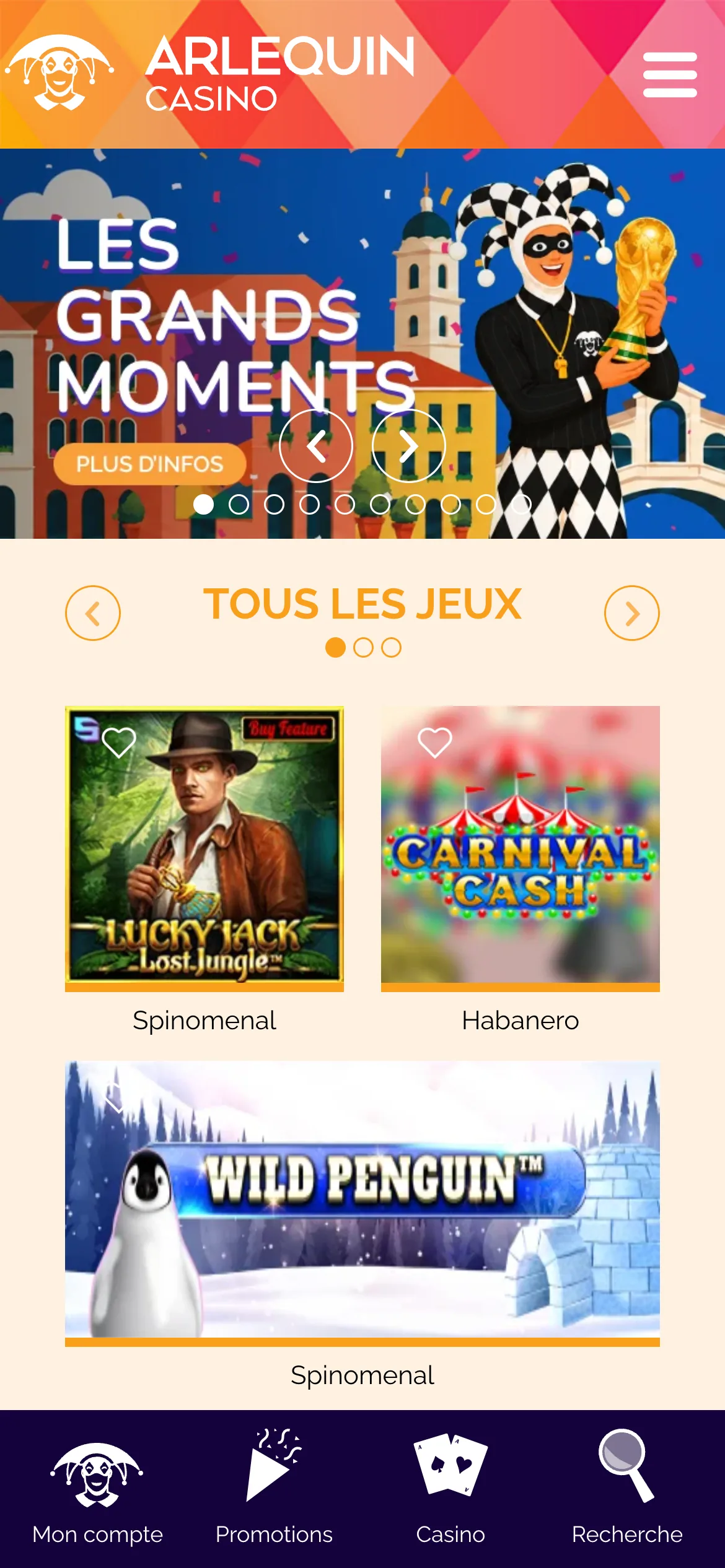 Interface mobile Arlequin Casino avec accès au compte et aux promotions