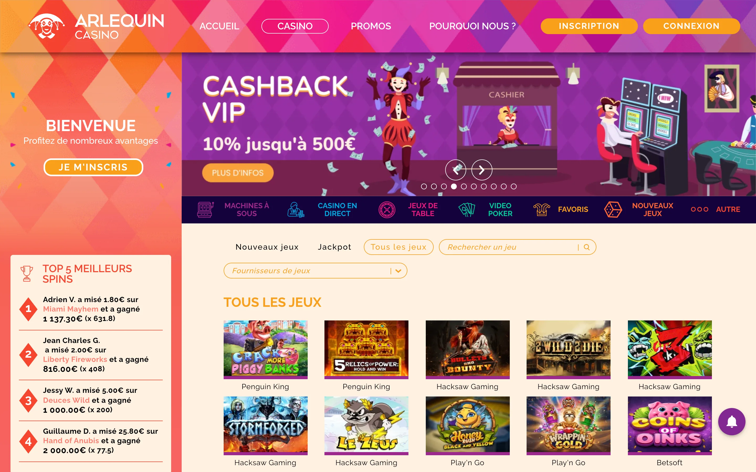 Sélection de machines à sous Arlequin Casino dans le lobby