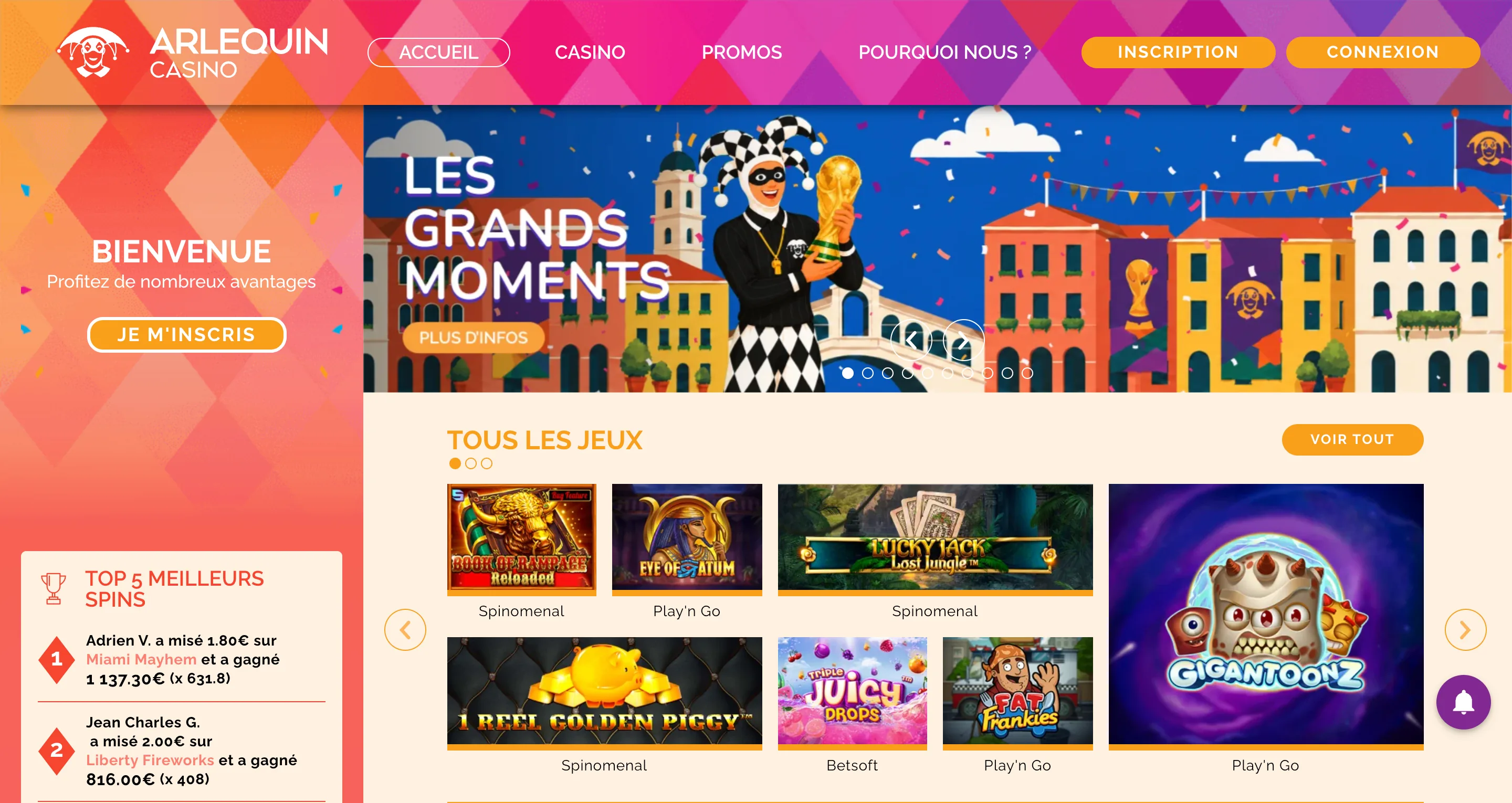 Page d'accueil Arlequin Casino avec univers carnaval et navigation principale